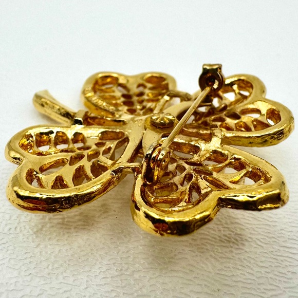 🟢 5/$20 VTG Gerry’s Gold 4-Leaf Clover Brooch Pearl SIGNED Pin Boho Four Leaf - Picture 10 of 13